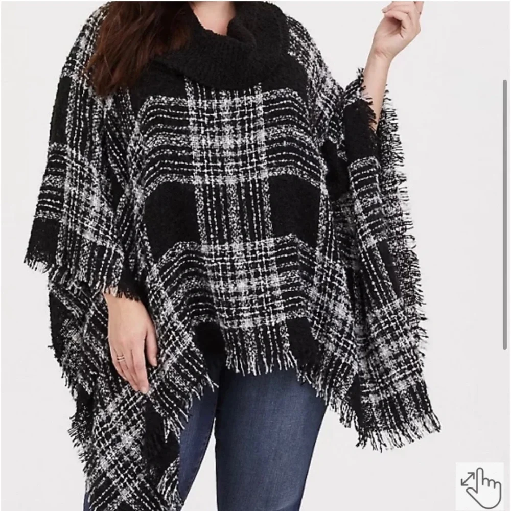 Torrid Southwestern Plaid Boho Fringe Cowl Turtleneck Poncho Sweater